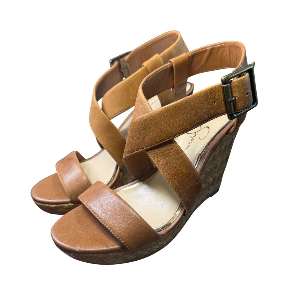 Jessica Simpson Joliet Wedge Sandals Womens Brown GUC Cork Platform Strap Buckle